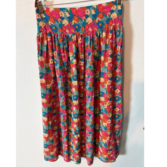 NATURAL LIFE Dresses & Skirts - Natural Life Floral Smocked Waist Midi Skirt Teal Pink Blue Boho Festival Large